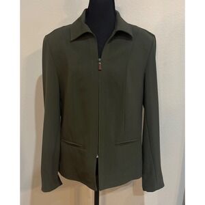 Olive Green Blazer Jacket‎ Zip Front Career Wear Collared